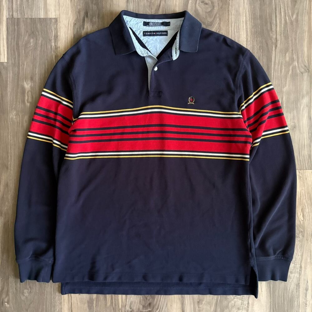 Vintage Rugby Polo Shirt Men's Size L Tommy Hilfiger Striped Faded Worn